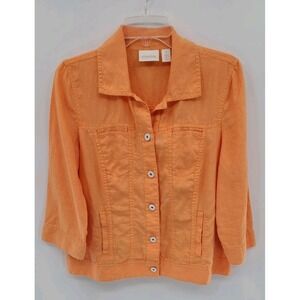 Chicos Orange Linen Jacket Size 1 Medium Preppy 3/4 Sleeves Button Up Pockets